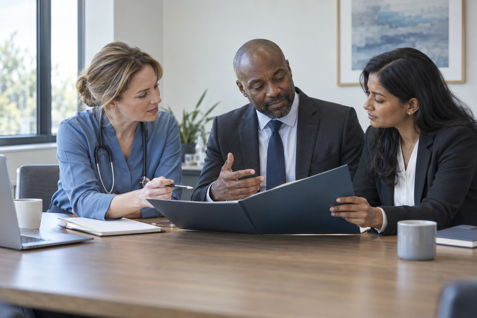 AI-generated illustration of medical and legal professionals collaborating